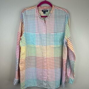 Lands' End XL 18 100% Linen Pastel Plaid Button-Up Shirt Spring Easter Summer